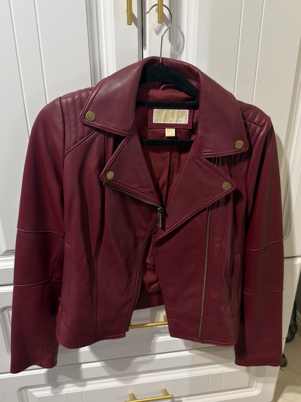 MICHAEL Michael Kors Wine Red Leather Moto Jacket